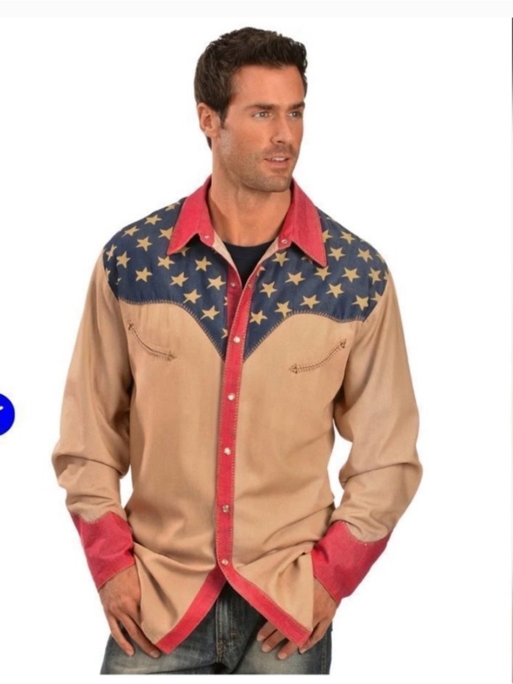 Scully Tan Western Star Yoke Shirt with Navy and Red Accents